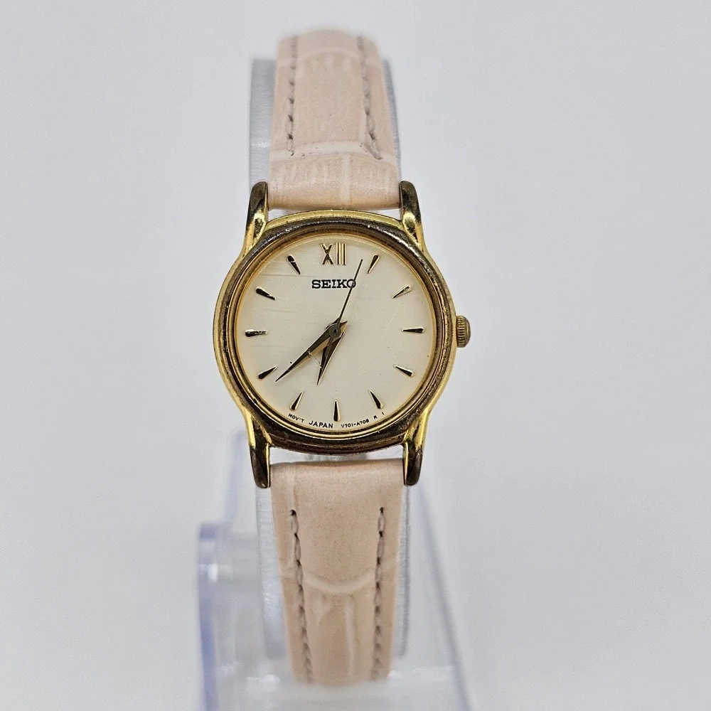 VTG Seiko Women Watch 22MM Cream Dial NEW Pink Leather Bands Battery Up to‎ 6.5